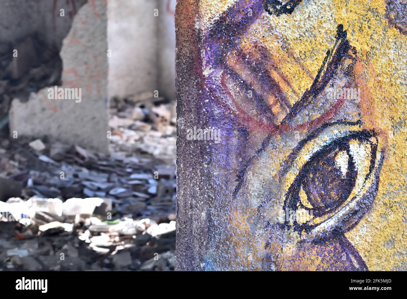 Joli graffiti d'un triste oeil pleurant peint sur le mur d'une maison abandonnée en ruines dans la campagne Banque D'Images