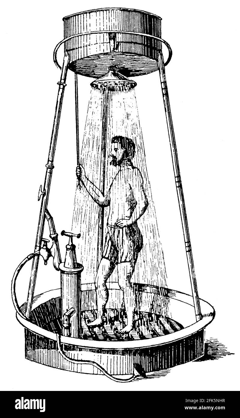 Douche à effet pluie. Illustration du 19e siècle. Allemagne. Arrière-plan blanc. Banque D'Images