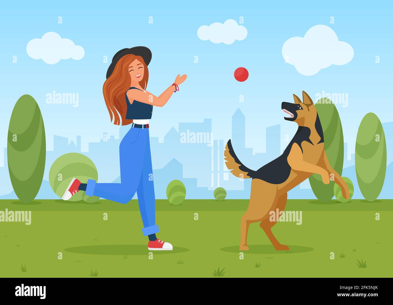 Bonne fille jouant avec chien animal, jeune femme et berger ami chien saut et jouer au ballon Illustration de Vecteur