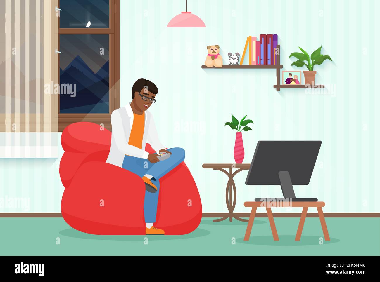 Les gens jouent au jeu vidéo à la maison, gars avec manette de manette de jeu assis dans un fauteuil, jouant Illustration de Vecteur