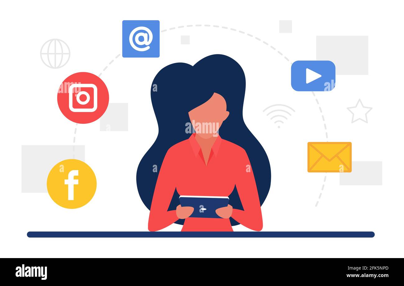 Concept de communication sur les médias sociaux avec icônes de réseau et femme utilisant téléphone portable Illustration de Vecteur