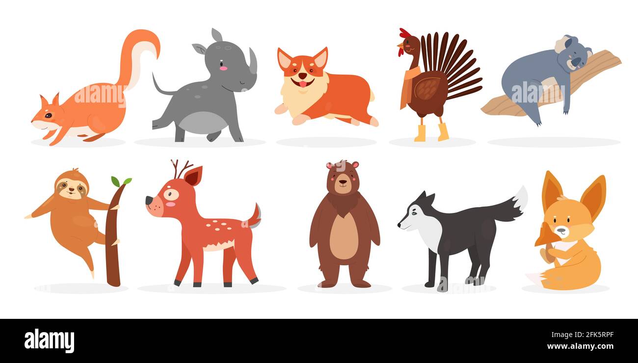 Adorable animal de fourrure sauvage, oiseau de ferme et ensemble d'animaux, chien d'écureuil de rhinocéros chevreuil ours renard Illustration de Vecteur