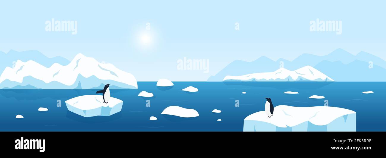 Magnifique panorama sur l'Arctique ou l'Antarctique, paysage du nord avec de grands icebergs et pingouins. Illustration de Vecteur