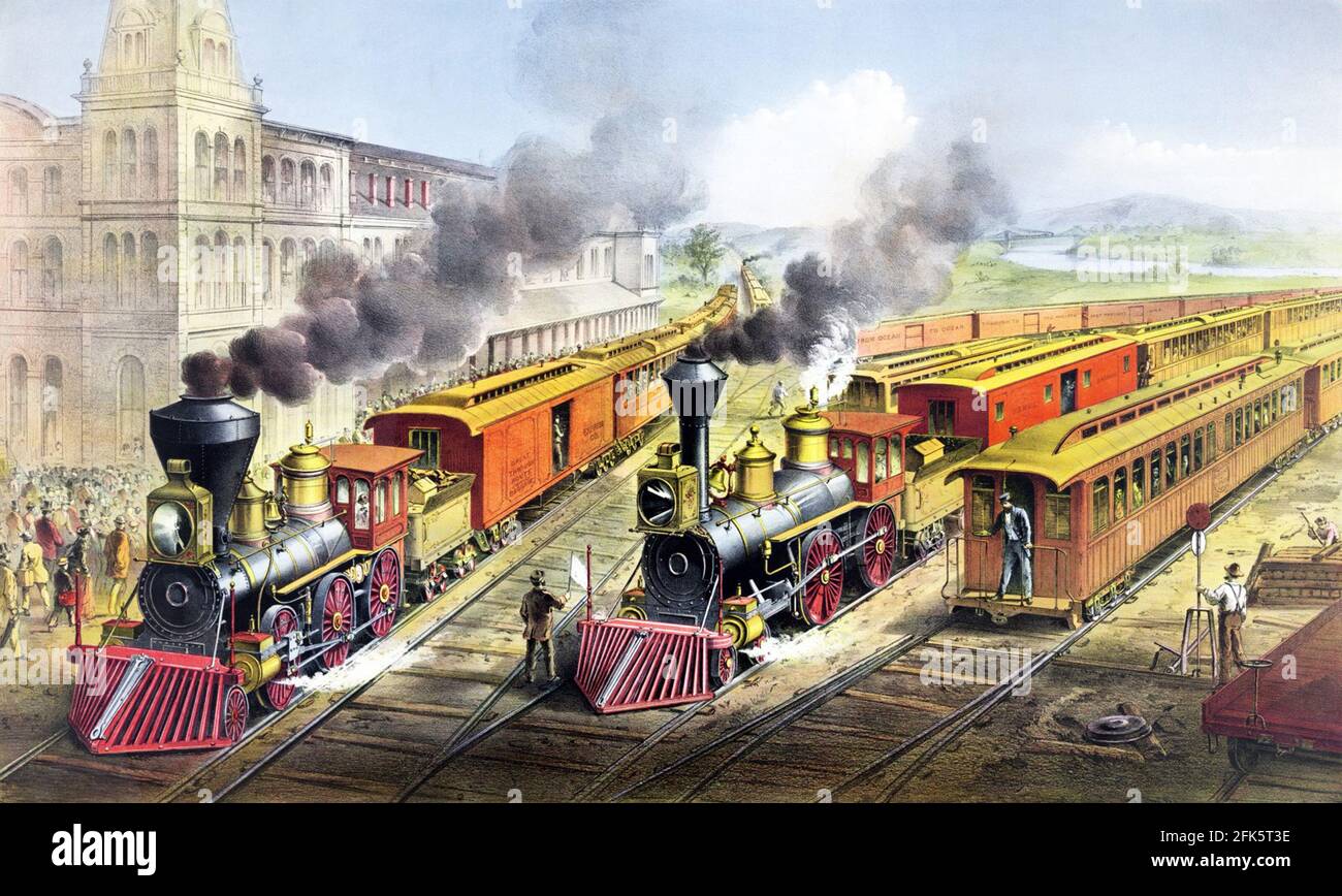 Affiche ancienne montrant deux trains à vapeur à une gare Aux États-Unis Banque D'Images