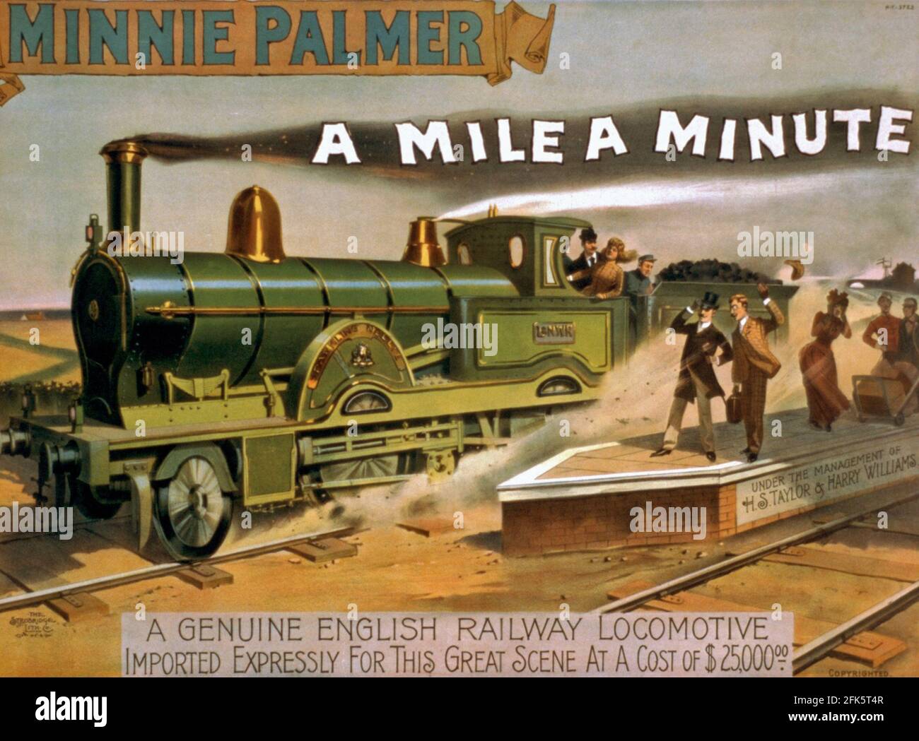 Une affiche vintage pour une locomotive anglaise Minnie Palmer qui Peut courir à un mile PAR minute Banque D'Images