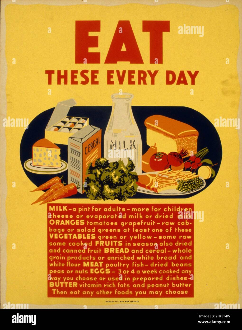 Une affiche d'information publique vintage faisant la promotion d'une alimentation saine avec le Slogan est ces tous les jours Banque D'Images