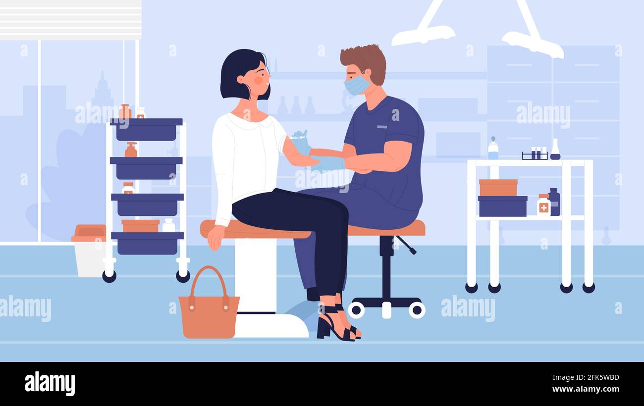 Vaccination, traitement médical, immuniser, médecin faisant l'injection du vaccin contre la grippe chez l'homme Illustration de Vecteur