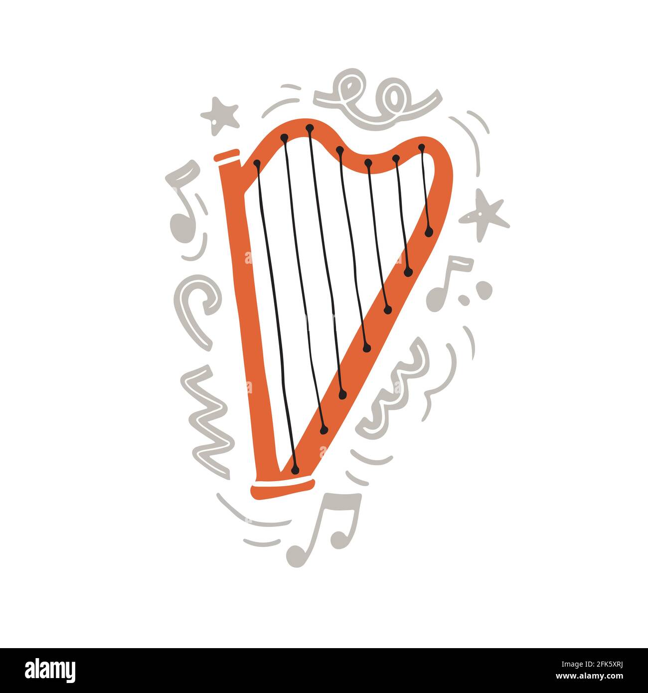 Illustration vectorielle de la harpe traditionnelle orange avec des cordes noires main style minimaliste plat, orné de décorations grises abstraites créatives et des notes comme symbole de la musique classique Illustration de Vecteur