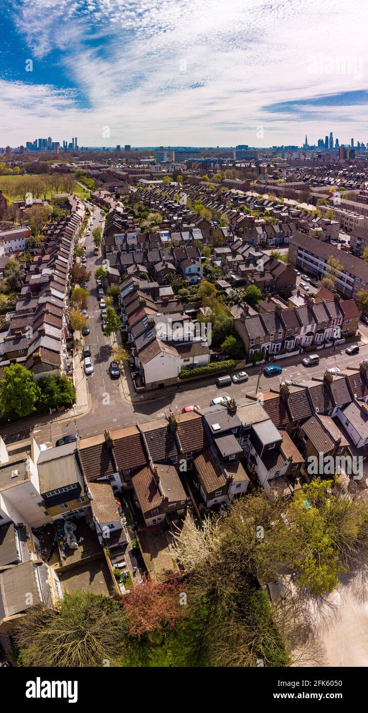 Vue aérienne des rues résidentielles de Londres, Hackney, Royaume-Uni Banque D'Images