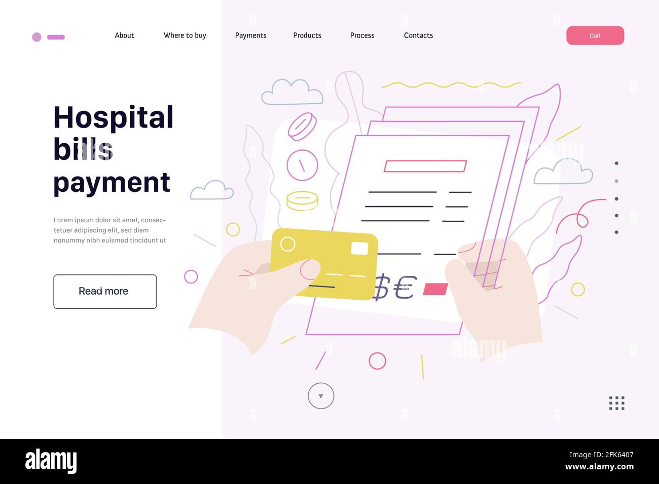 Modèle de page Web d'assurance médicale - paiement des factures d'hôpital - moderne vecteur plan concept illustration numérique - patient signant une pile de factures, ho Illustration de Vecteur