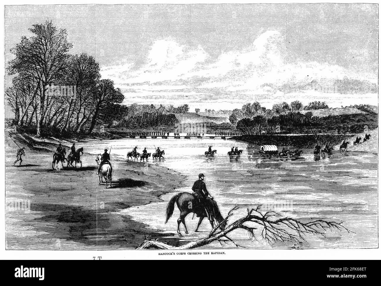 Gravure du corps de Hancock traversant le Rapidan pendant la guerre civile américaine un pont de ponton. Banque D'Images