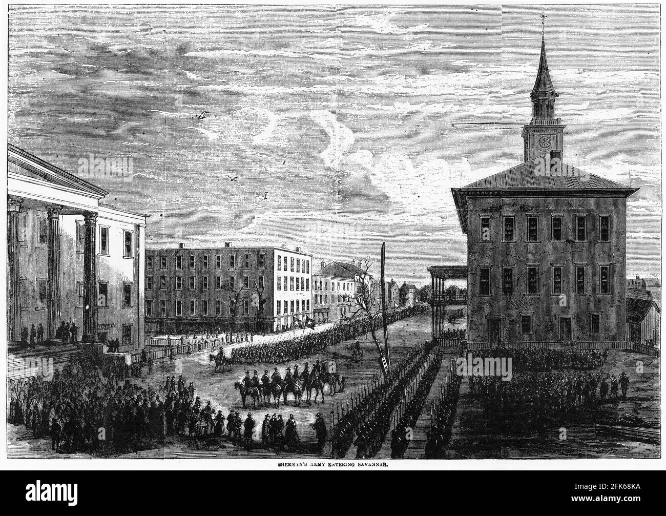 Gravure de l'armée de Sherman entrant dans Savannah pendant la guerre civile américaine : Banque D'Images