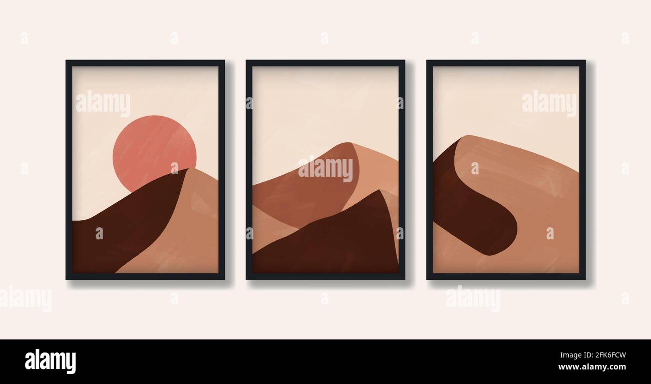 Triptyque paysage peinture dans les tons de terre. Concept moderne et tendance de l'art abstrait dans le style boho. Illustration d'arrière-plans vectoriels. Pour l'impression, l'affiche et Illustration de Vecteur
