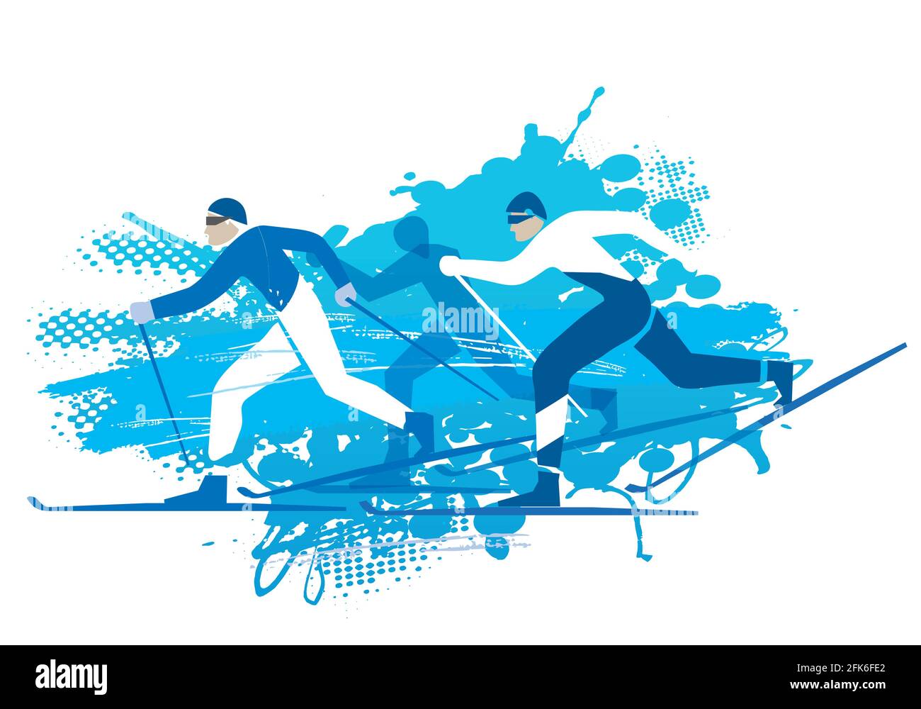 Ski de fond, compétition. Un dessin bleu expressif de trois concurrents de ski de fond. Vecteur disponible. Illustration de Vecteur