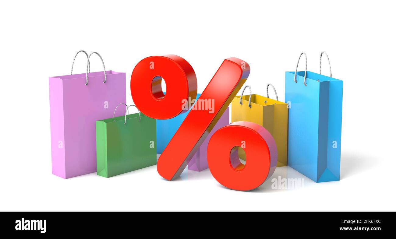 Affiche de pourcentage et sacs en papier pour le magasinage. rendu 3d. Banque D'Images