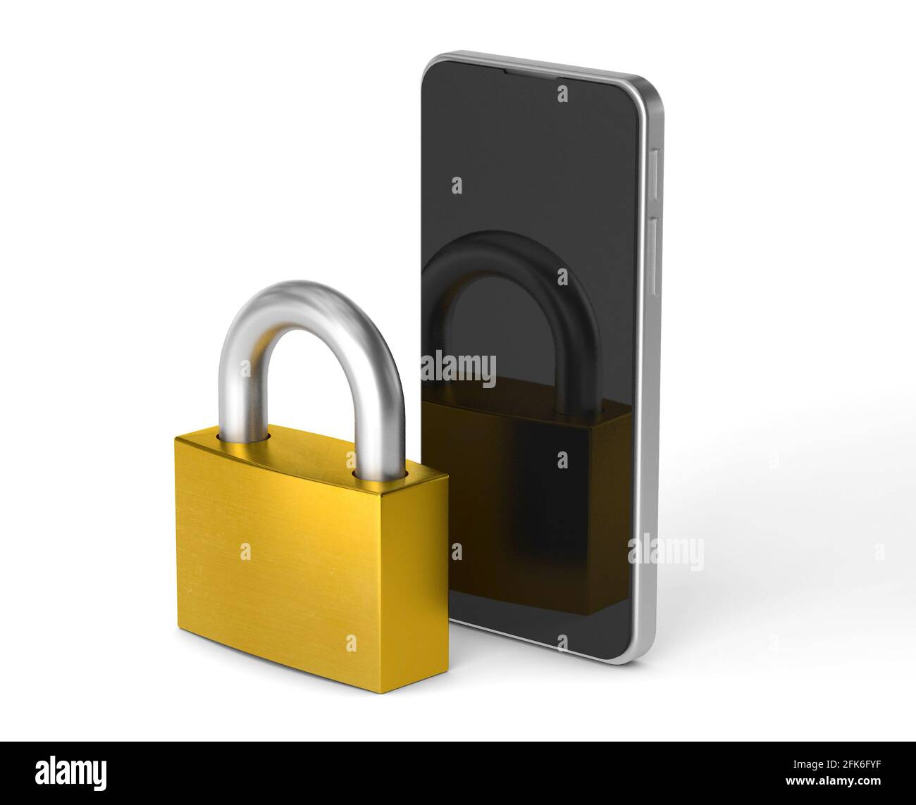 Téléphone verrouillé. Téléphone et verrouillage. Concept de protection des données personnelles. Isolé sur fond blanc avec masque. rendu 3d. Banque D'Images