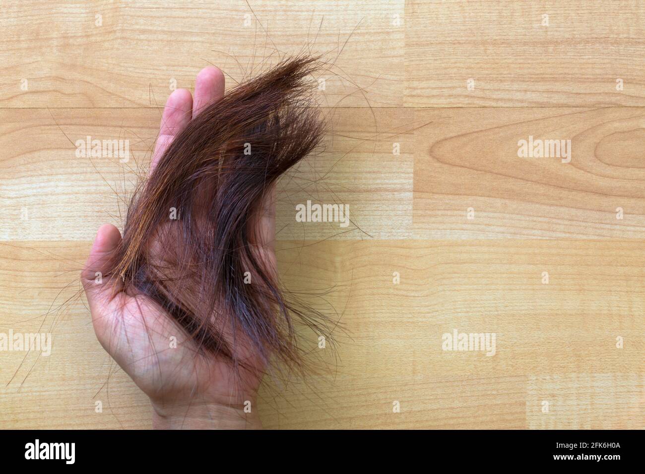 Femme asiatique main tenant un groupe de coupe de cheveux brun rougeâtre sur plancher en bois au salon de coiffure, avec copyspace Banque D'Images