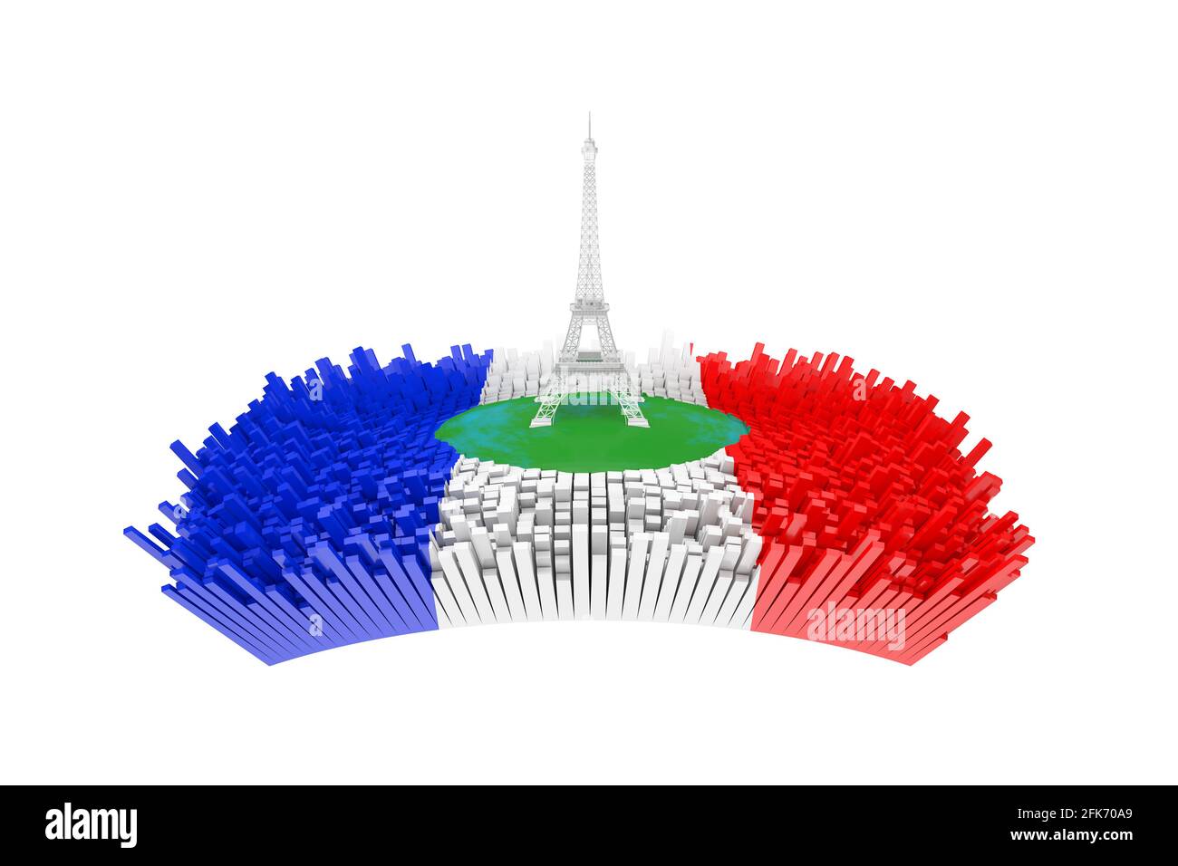 France concept. Résumé Tour Eiffel au centre de la ville de Paris abstrait avec de nombreux bâtiments abstraits avec drapeau de France sur fond blanc. renderin 3d Banque D'Images