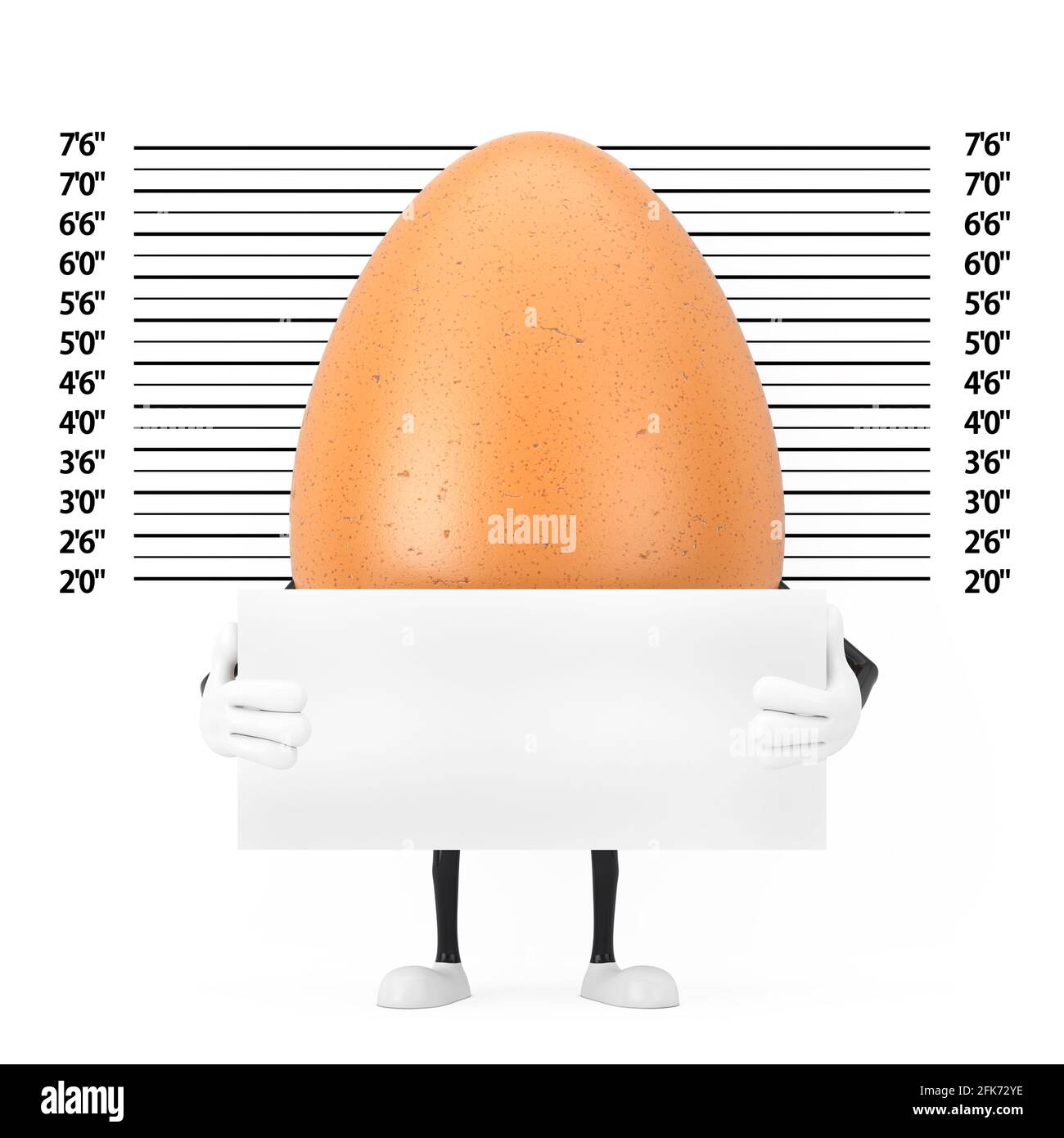 Mascotte de personnage d'œuf de poulet brun avec plaque d'identification devant la police ou Mugshot arrière-plan de gros plan extrême. Rendu 3d Banque D'Images