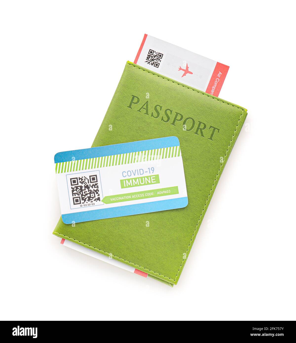 Passeport, billets et carte immunitaire sur fond blanc Banque D'Images Passeport, billets et carte immunitaire sur fond blanc Banque D'Images