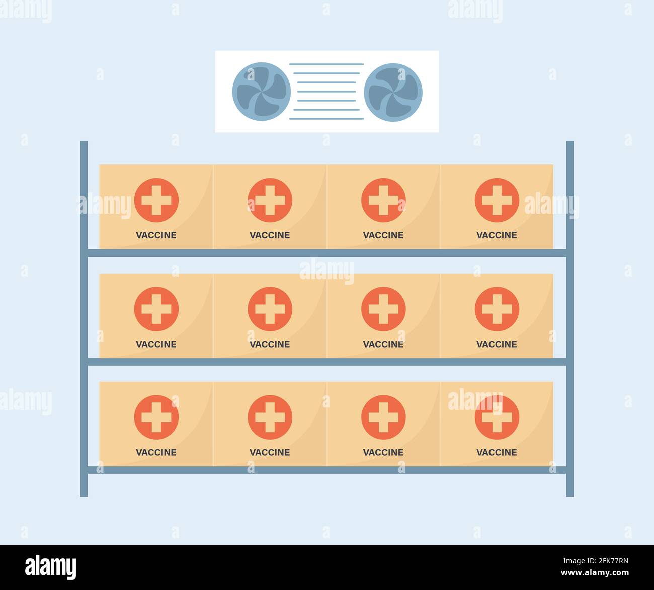 Salle de stockage des vaccins contre le coronavirus à basse température. Entrepôt avec vaccins covid. Campagne anti-virus. Illustration vectorielle sur un style plat en blanc Illustration de Vecteur
