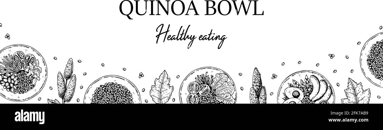 Bol de quinoa dessiné à la main, conception horizontale. Illustration vectorielle dans le style d'esquisse. Illustration de Vecteur