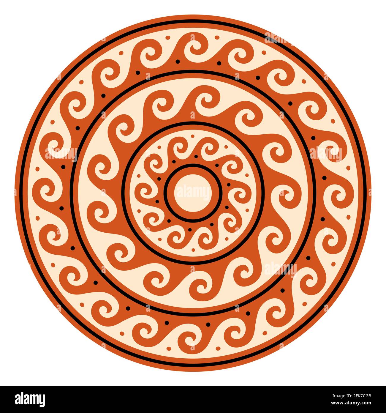 Vecteur d'onde grecque mandala, ancien art rond de méandre en cercle, design orange isolé sur blanc Illustration de Vecteur