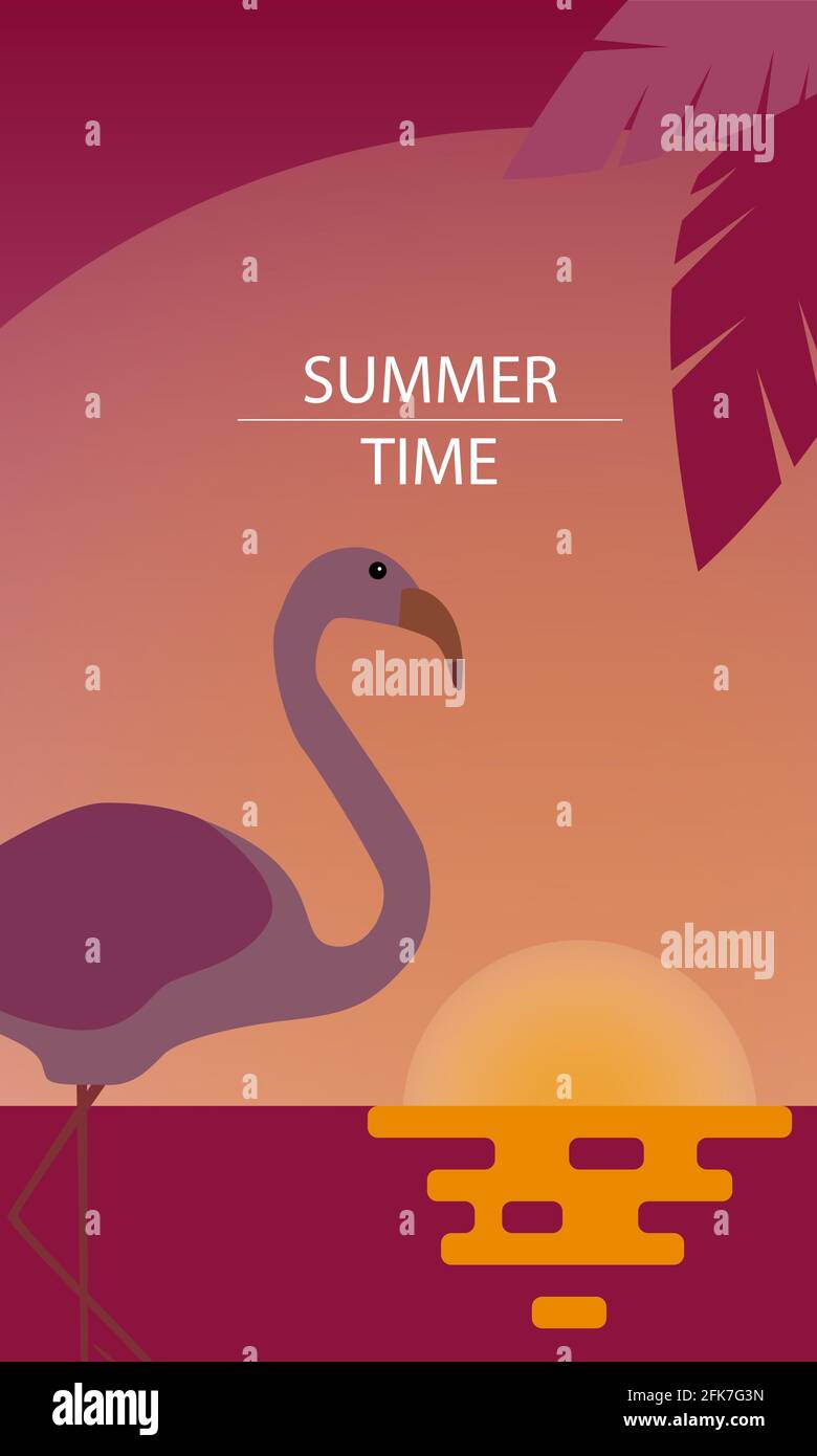 Résumé été arrière-plan conception à vendre, bannière, affiche. Feuilles de palmier plates, flamants roses, coucher de soleil. Illustration de Vecteur