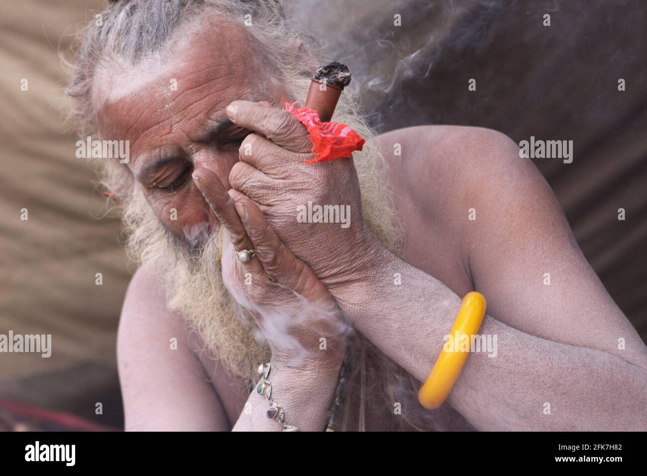 Inde, Uttarakhand, Haridwar, Kumbh Mela. Un Sadhu un ascétique ou praticien de yoga (yogi) qui a abandonner la poursuite des trois premiers buts hindous de Banque D'Images