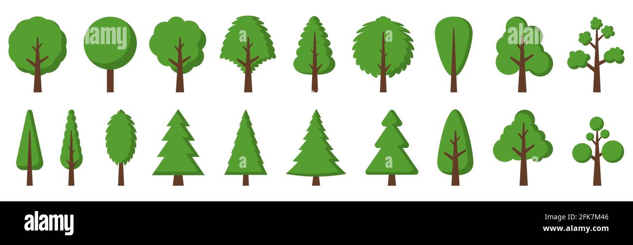 Collection arbres. Ensemble d'arbres colorés sur fond blanc. Illustration vectorielle. Icônes d'arborescence isolées. Illustration de Vecteur