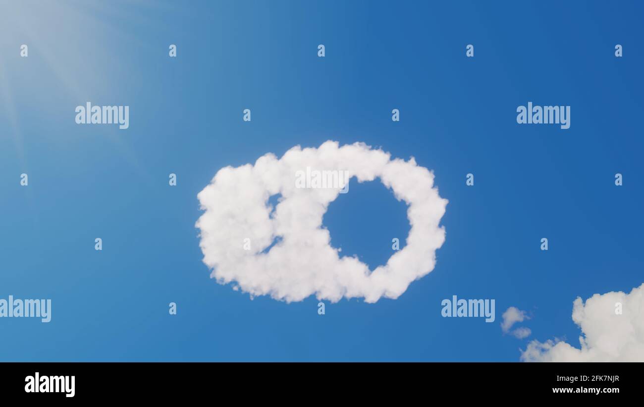 rendu 3d de nuages blancs moelleux en forme de symbole du bouton de commande sur ciel bleu avec rayons du soleil Banque D'Images
