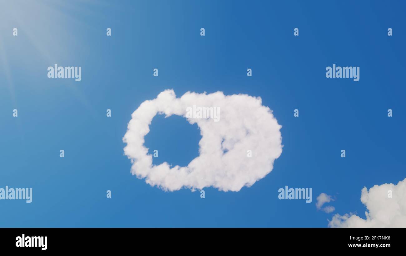 rendu 3d de nuages blancs moelleux en forme de symbole du bouton d'interrupteur avec une coche sur le ciel bleu avec rayons du soleil Banque D'Images