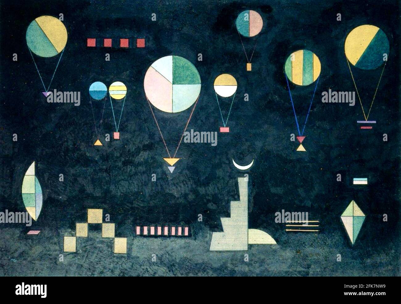 L'œuvre de Kandinsky intitulée Shallow Deep semble montrer un certain nombre de ballons d'air chaud au-dessus d'un paysage de ville la nuit. Banque D'Images