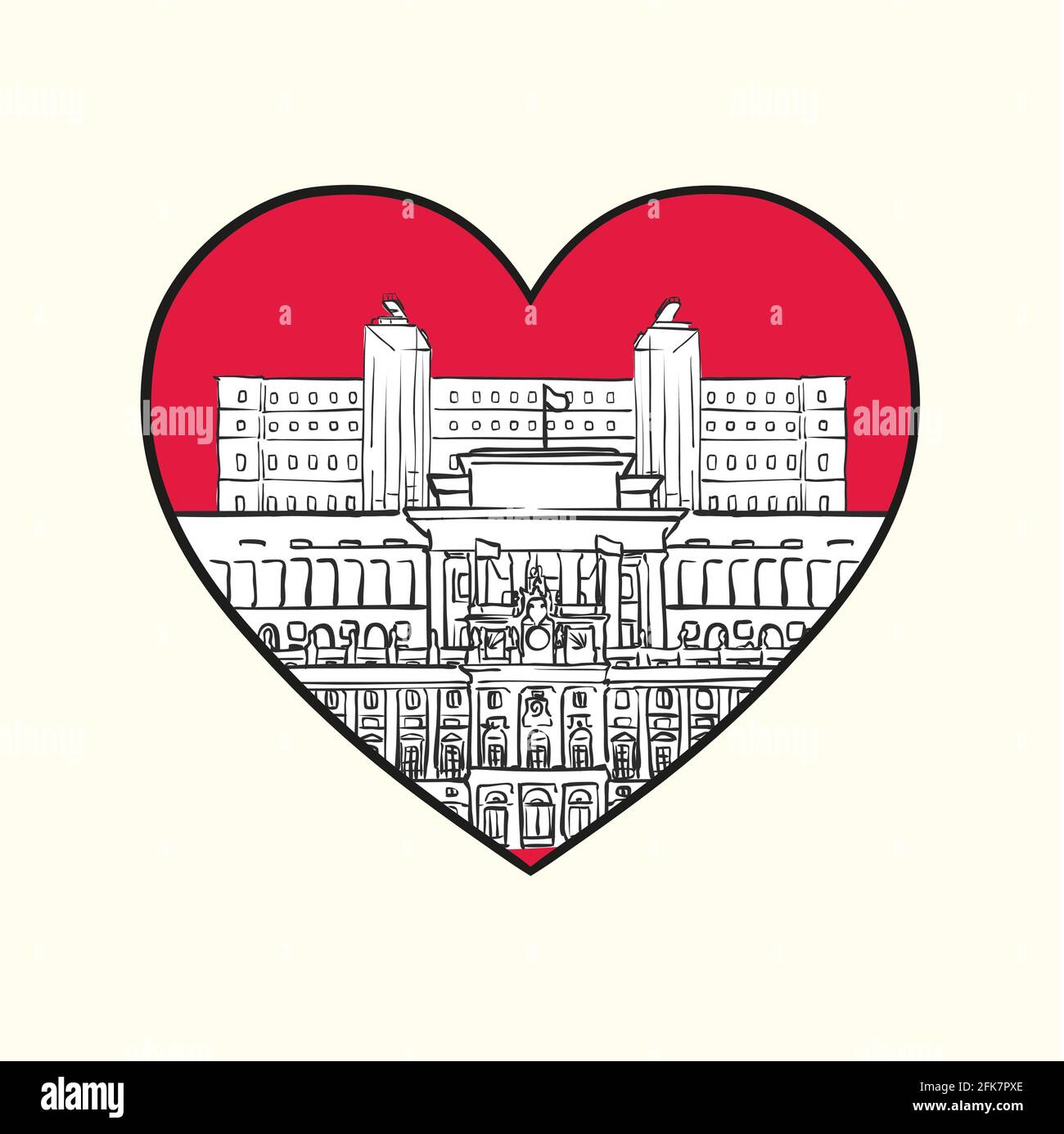 J'aime Madrid. Cœur rouge et bâtiments célèbres, Espagne composition. Illustration vectorielle noire et blanche dessinée à la main. Objets groupés et mobiles. Illustration de Vecteur