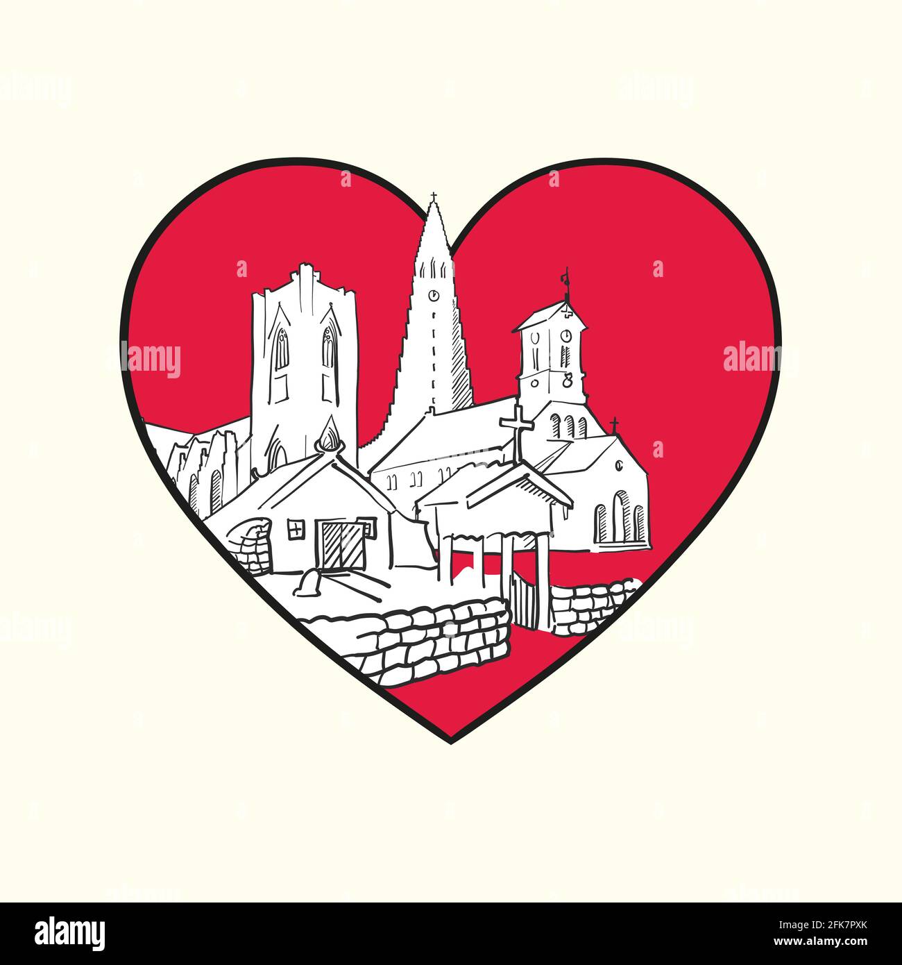 J'adore Reykjavík. Cœur rouge et bâtiments célèbres, composition de l'Islande. Illustration vectorielle noire et blanche dessinée à la main. Objets groupés et mobiles. Illustration de Vecteur