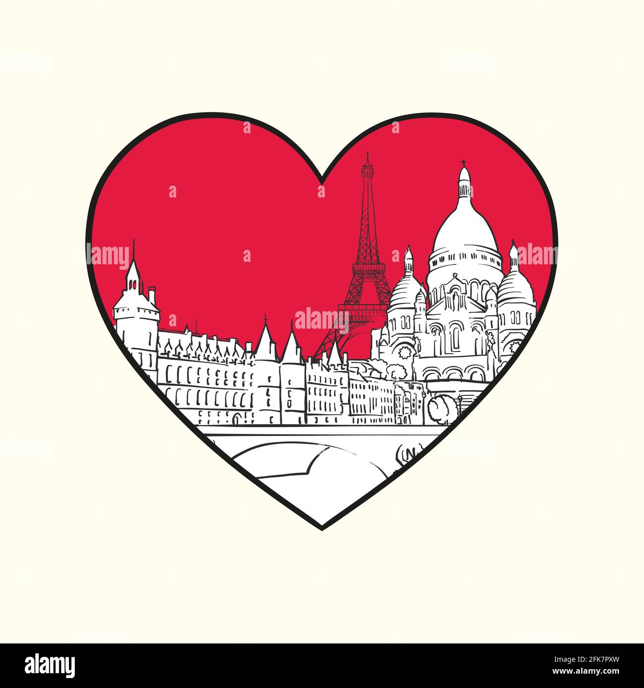 J'aime Paris. Cœur rouge et bâtiments célèbres, France composition. Illustration vectorielle noire et blanche dessinée à la main. Objets groupés et mobiles. Illustration de Vecteur