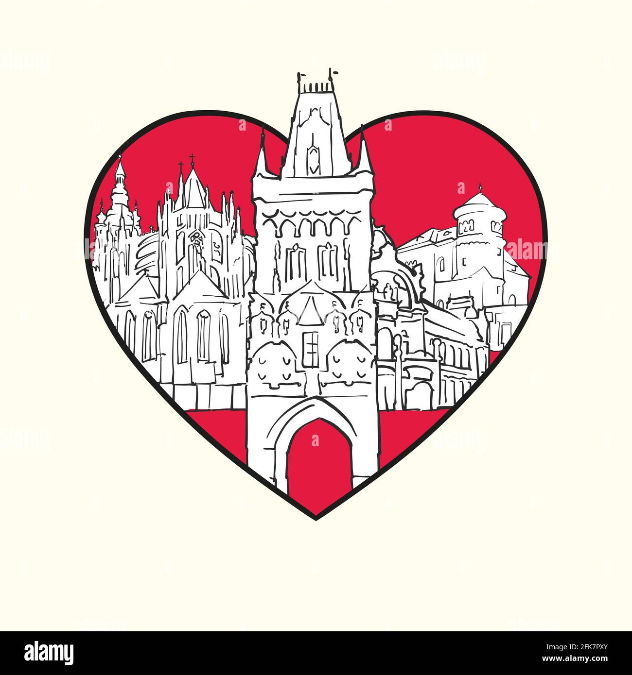 J'aime Prague. Cœur rouge et bâtiments célèbres, République tchèque composition. Illustration vectorielle noire et blanche dessinée à la main. Objets groupés et mobiles Illustration de Vecteur