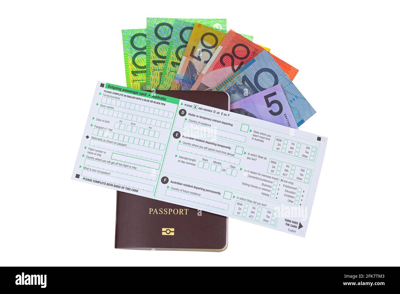 Carte de passager vierge pour l'Australie sur passeport avec un autre australien dollar argent billet isolé sur fond blanc Banque D'Images
