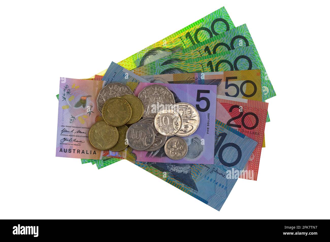 Pièces de monnaie en dollars australiens et billets de banque différents (AUD) 5 10 20 50 100 isolé sur fond blanc Banque D'Images