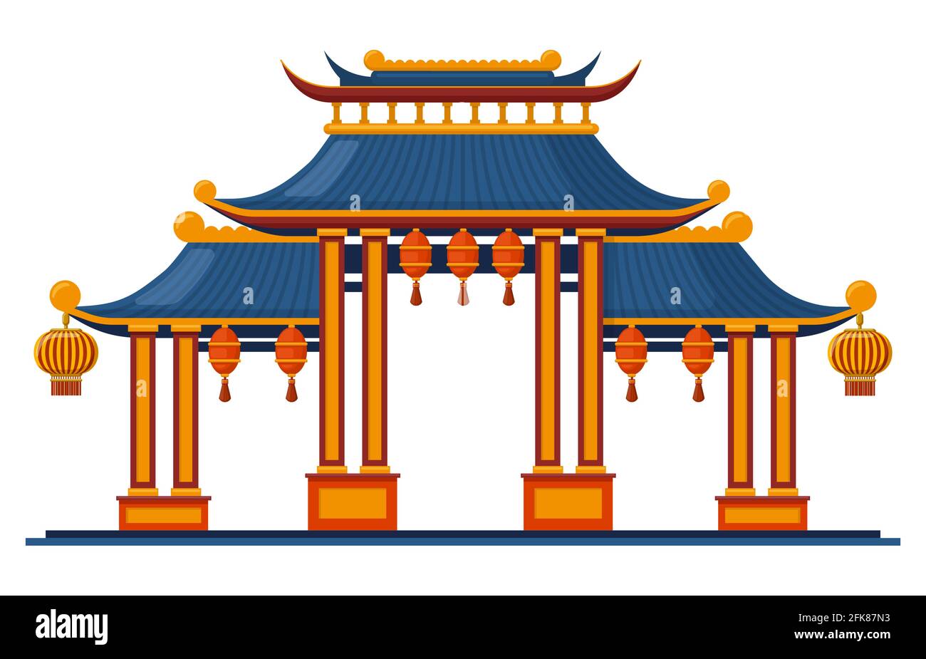 Entrée traditionnelle chinoise. Illustration vectorielle isolée de la grille de pagode architecturale traditionnelle asiatique. Entrée orientale avec lanternes suspendues Illustration de Vecteur