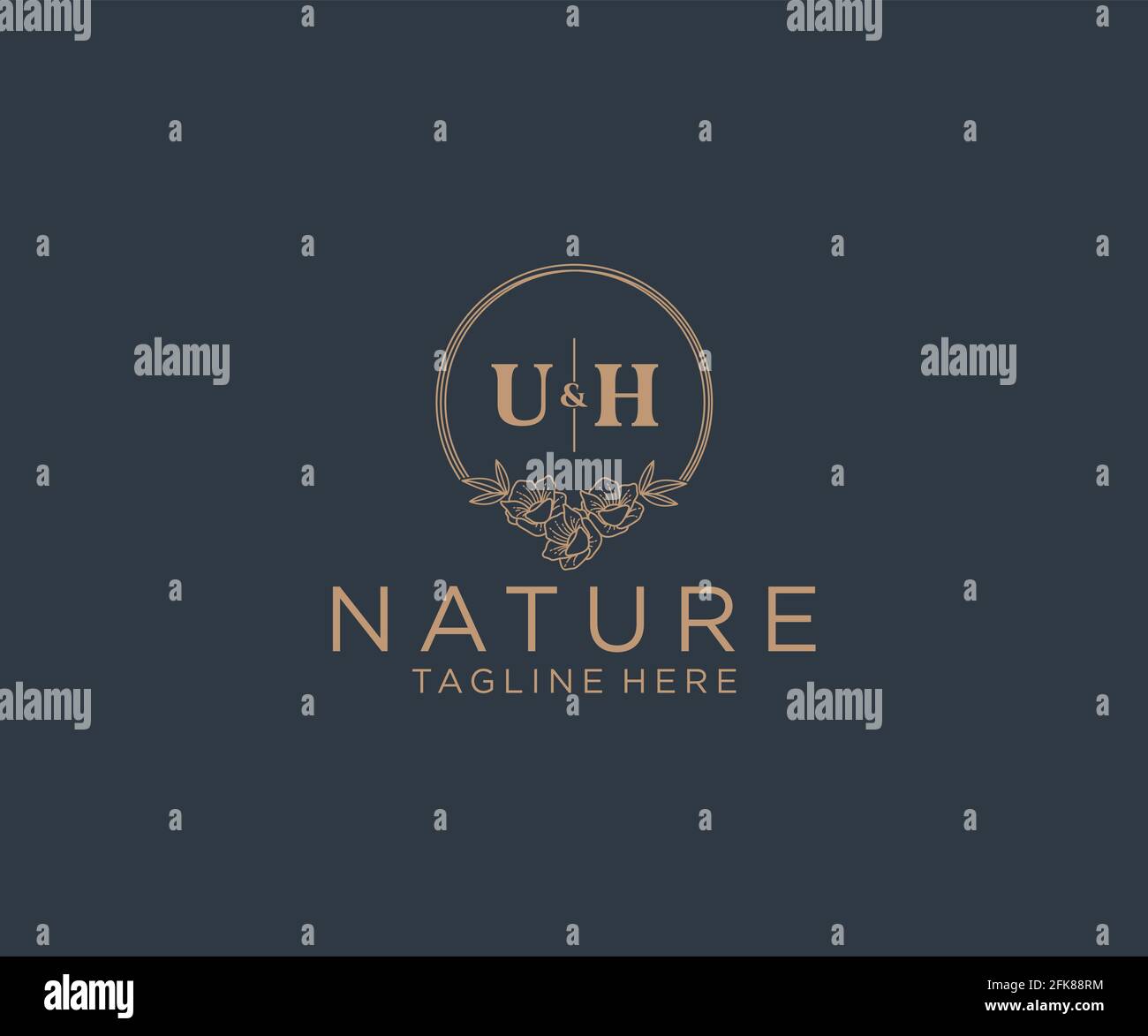 LETTRES UH cadres floraux. Décoration unique en monoline préfaite, modifiable et féminine, pour une carte de vœux, une invitation à un mariage. Illustration de Vecteur