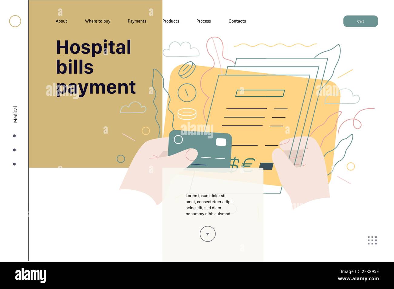 Modèle de page Web d'assurance médicale - paiement des factures d'hôpital - moderne vecteur plan concept illustration numérique - patient signant une pile de factures, ho Illustration de Vecteur