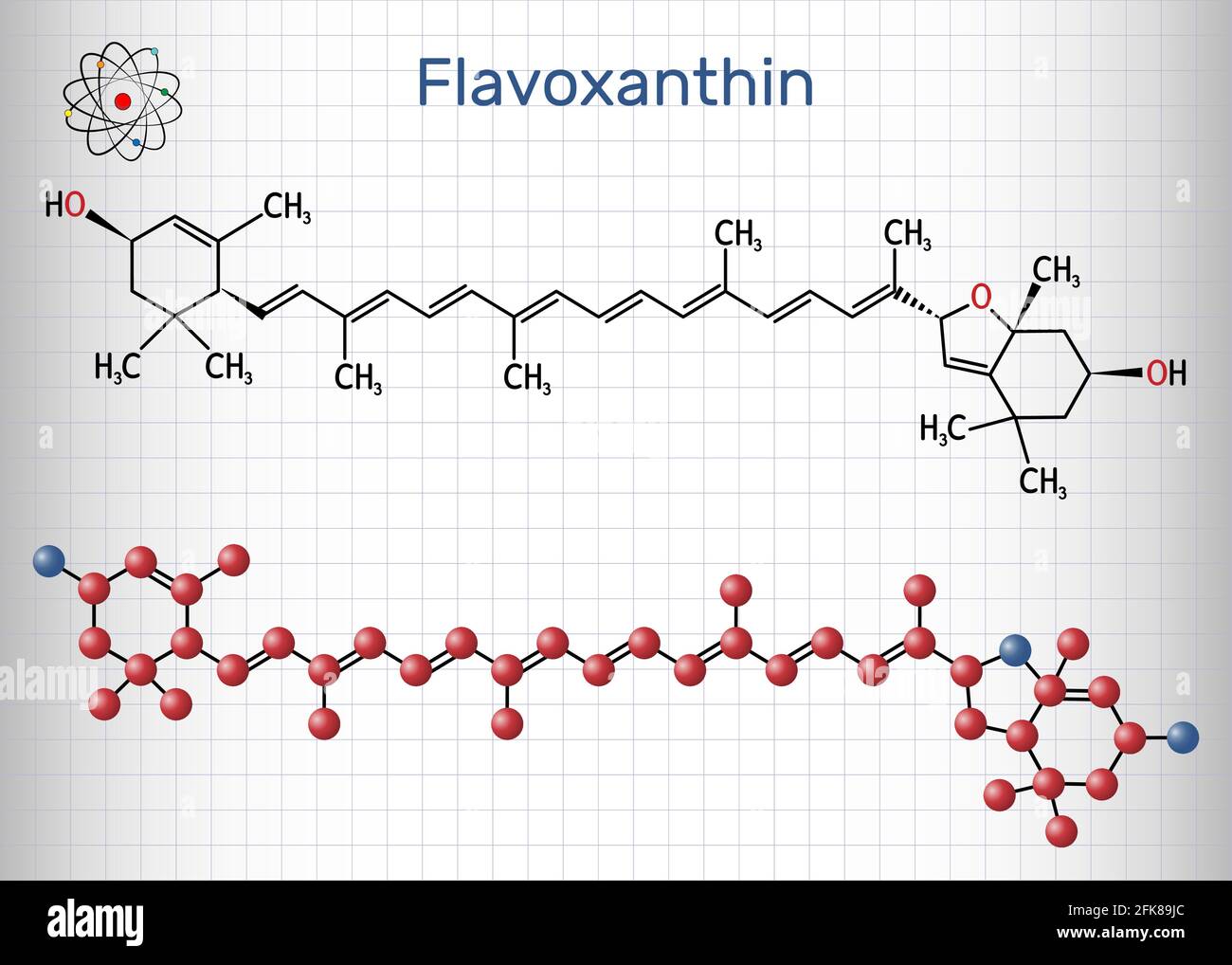 Molécule de Flavoxanthine. Il s'agit d'un pigment de couleur jaune doré de xanthphylle, additif alimentaire E161a. Formule chimique structurelle et modèle moléculaire. Feuille de p Illustration de Vecteur