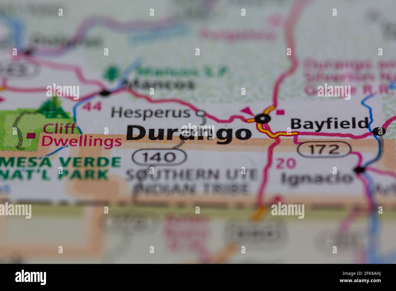 Durango Colorado USA indiqué sur une carte de la géographie ou sur une route carte Banque D'Images