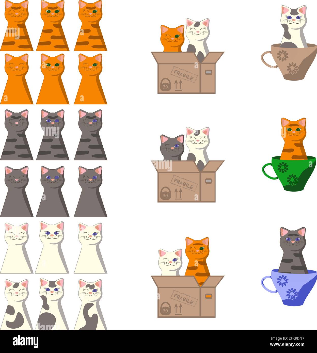 Ensemble de clip art avec de jolis chats isolés de différentes couleurs dans des boîtes et des tasses Illustration de Vecteur