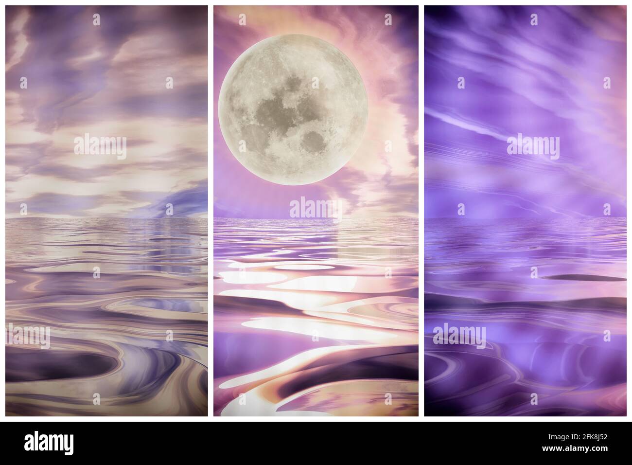 magnifique panorama sur la lune et l'océan mer en soirée vagues. paysage lunaire. rendu 3d Banque D'Images