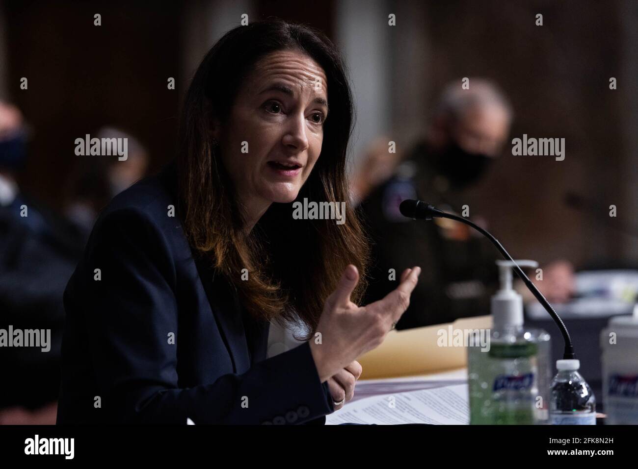 Washington, États-Unis. 29 avril 2021. Avril Haines, directeur du renseignement national, témoigne lors d'une audience du Sénat sur les services armés pour examiner les menaces mondiales à Capitol Hill, à Washington, DC, le jeudi 29 avril 2021. Photo de piscine par Graeme Jennings/UPI crédit: UPI/Alay Live News Banque D'Images