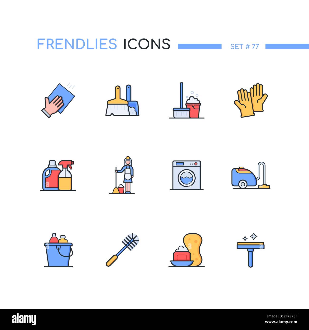 Nettoyage - jeu d'icônes style ligne moderne. Idée de tâches domestiques et de services. Images colorées de gants, seau, balai, brosse, machine à laver, vide Illustration de Vecteur
