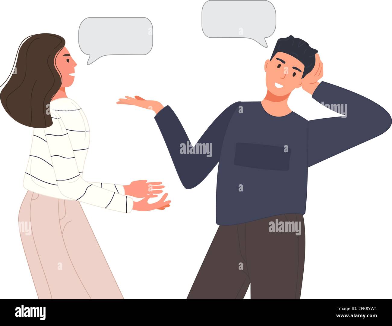 Les personnes multiethniques parlent ou discutent de réseau social. Deux couples parlant ami avec des bulles de parole. Concept de dialogue caractère. Illustration vectorielle Illustration de Vecteur