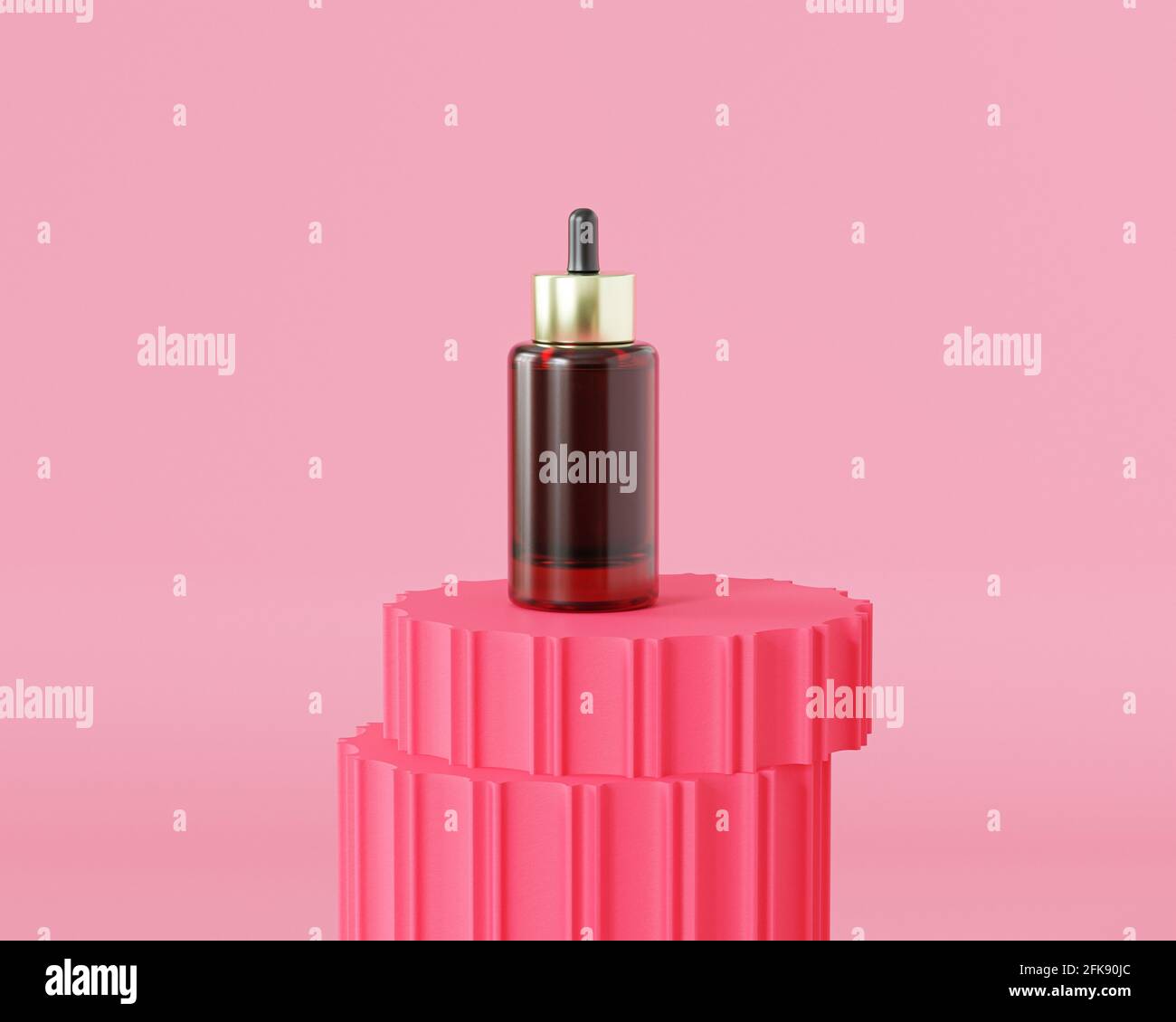 Flacon compte-gouttes en verre pour produits cosmétiques ou publicité sur podium rose, rendu d'illustration 3d Banque D'Images